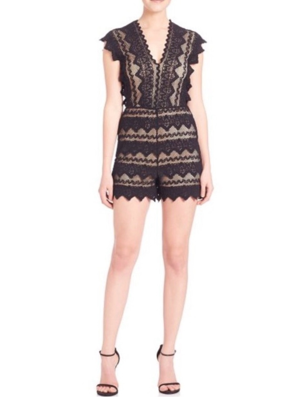 Nightcap Black Lace V-Neck Romper with Scalloped Edges